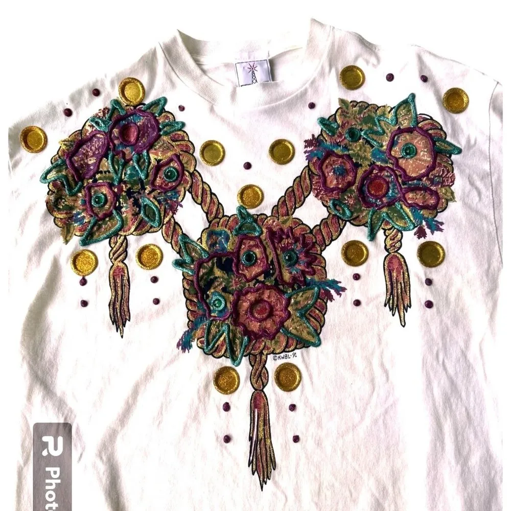 Vintage KWBL Los Angeles 1991 Tee Top One Size T Shirt Tribal Glitter A… - Image 3