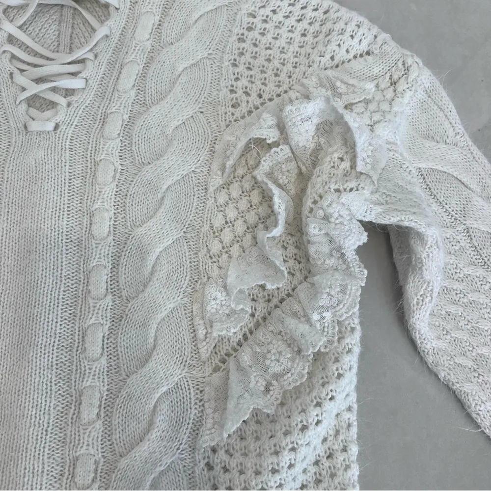 Torn by Ronny Kobo Paige Lace Up Ruffled Sweater Cream Women's Size Medium - Image 10