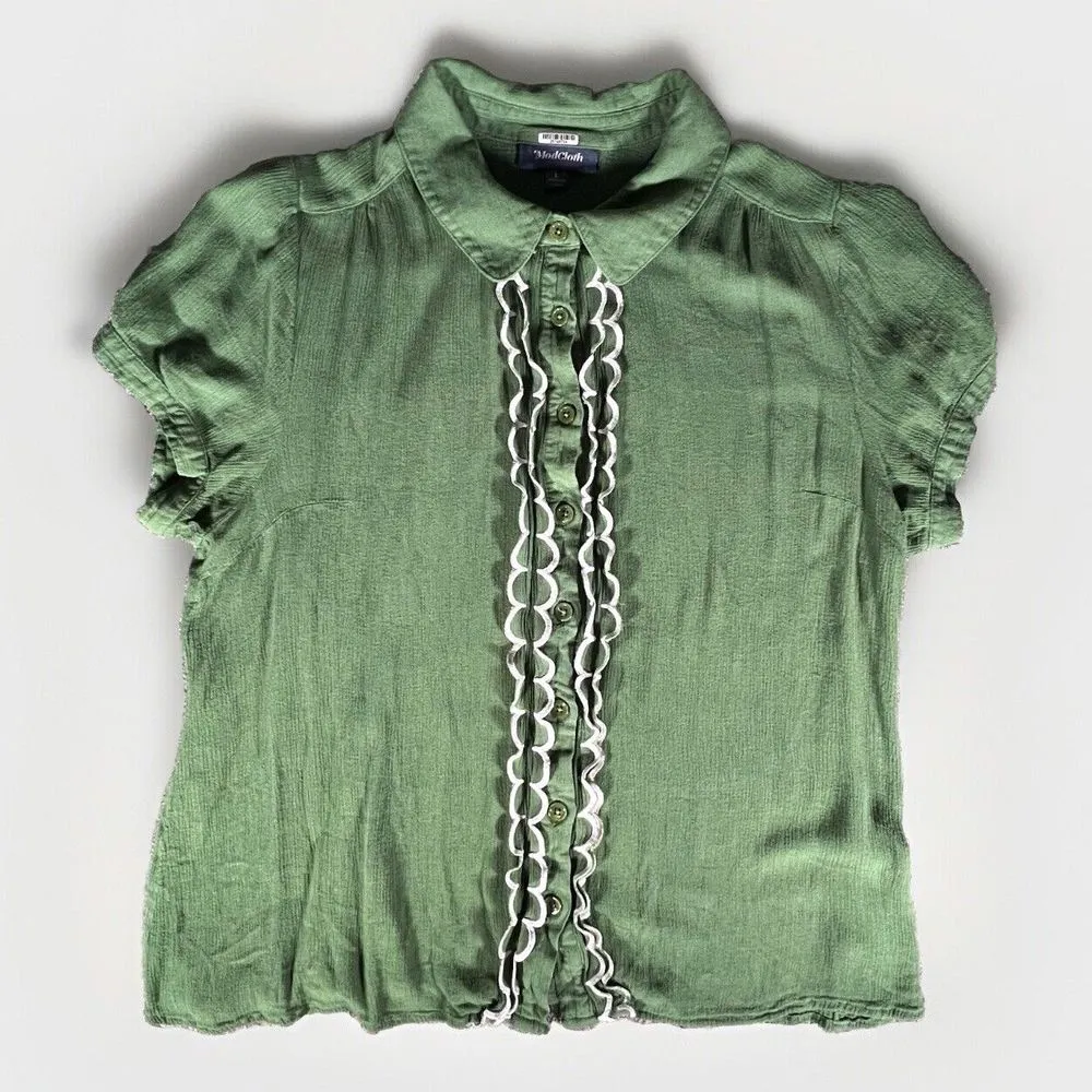 ModCloth Green Button Front‎ Top Womans Size Large All About Scallops Cap Sleeve - Image 2
