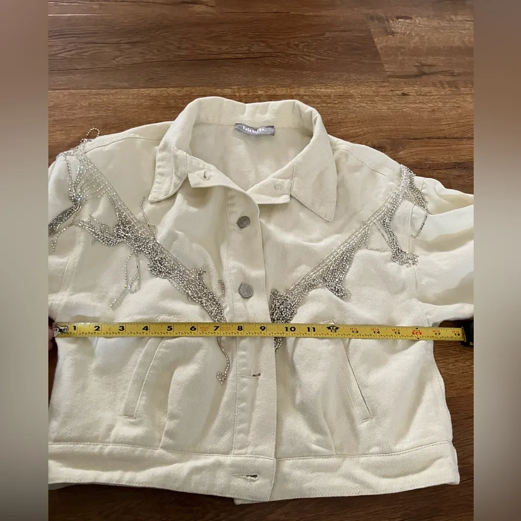 Blue B Collection Rhinestone Fringe White Denim Distressed Jacket Size S - Image 6