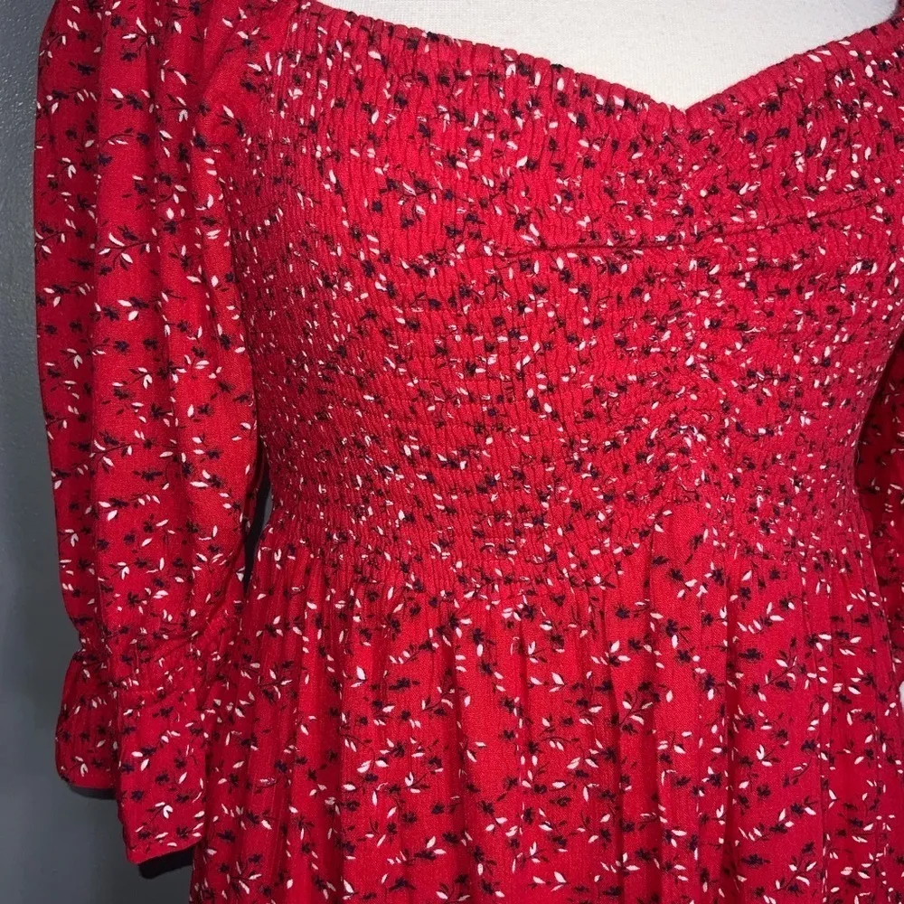 Red Floral Shirred Sweetheart Square Neck Puff Sleeves Short Dress S - Image 11