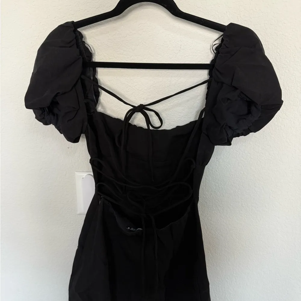 ZARA Puff Sleeve Black Mini Dress Open Back Lace Up Crossback Straps Small NEW - Image 8