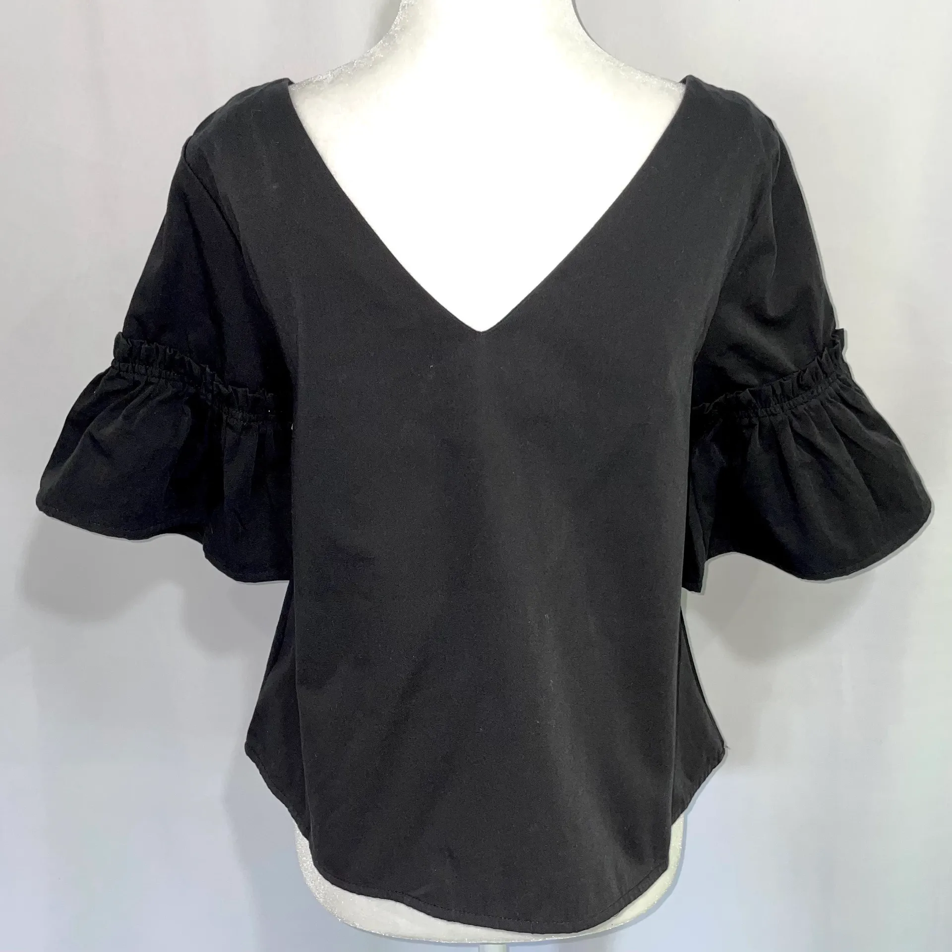 New  Double V Neck Blouse Ruffle Flare Sleeve Shirt Black - Image 4