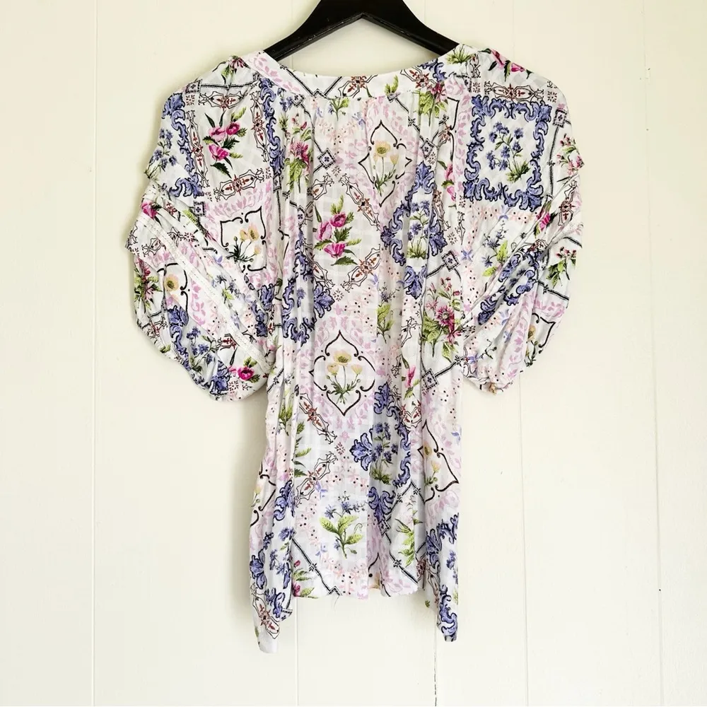 JANE & DELANCEY Puff Sleeve Floral Patchwork Frames Button Down Blouse Top M - Image 5