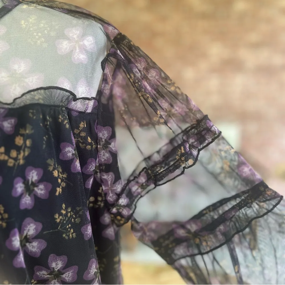 Calligraphie Black Purple Floral Mesh High Neck Smocked Top XL - Image 6