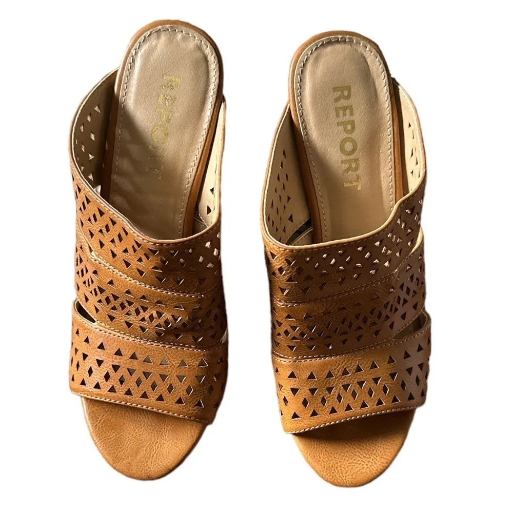 🔵 SALE 3/$25 REPORT WEDGE DANICA PLATFORM SLIPON LASER CUT TAN SANDAL SHOES Size 7.5 - Image 4