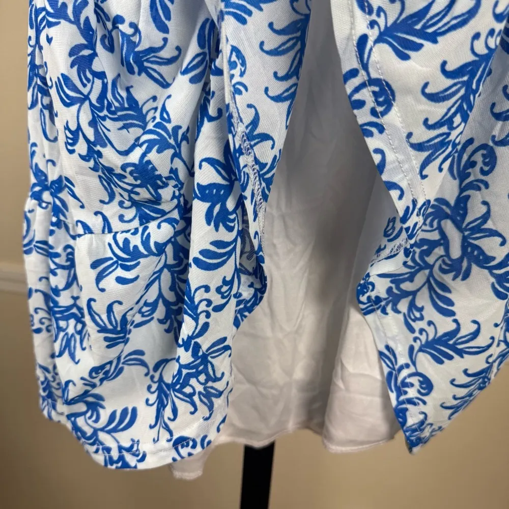 Cottagecore Blue White Damask Print Ruffle Hem Large Pullover Lined Boho Tank - Image 5