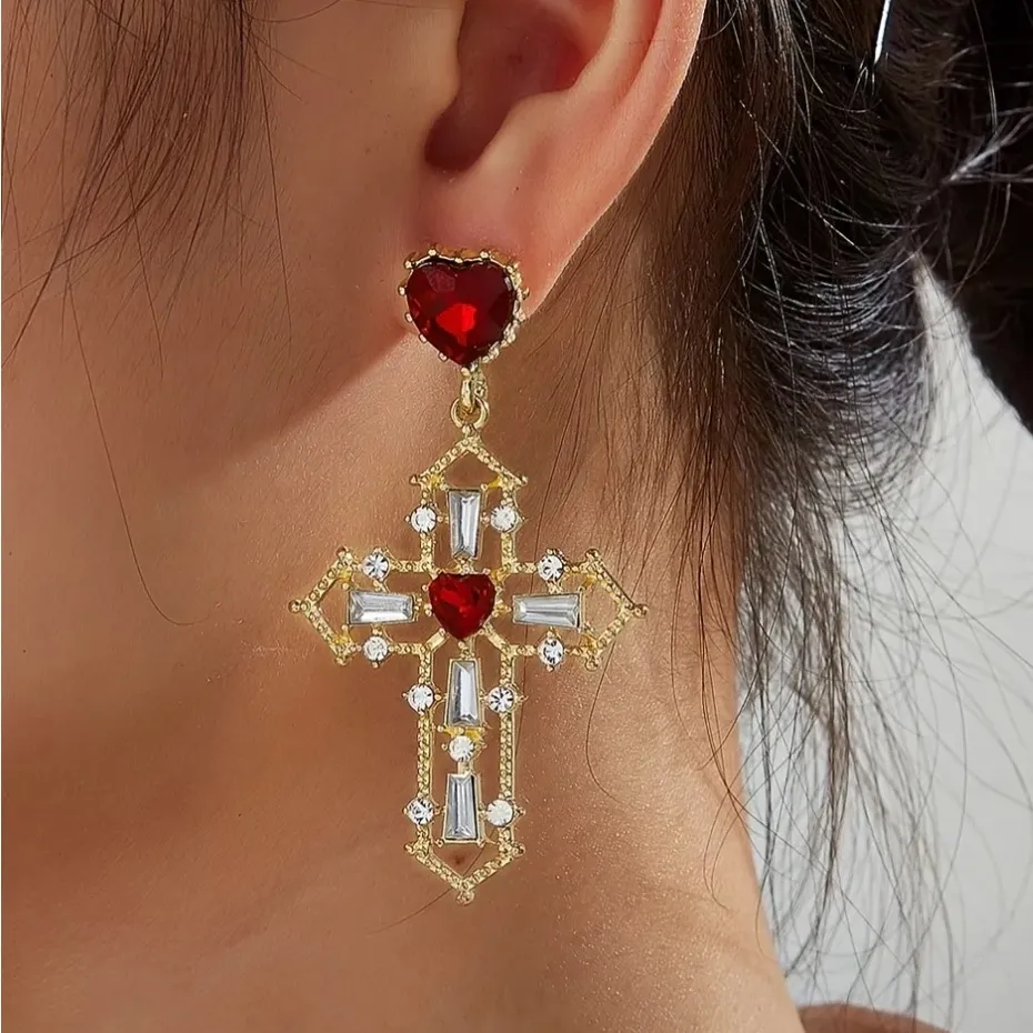 ✨ Baroque Red Heart Cross Earrings | 18k Gold - Image 2