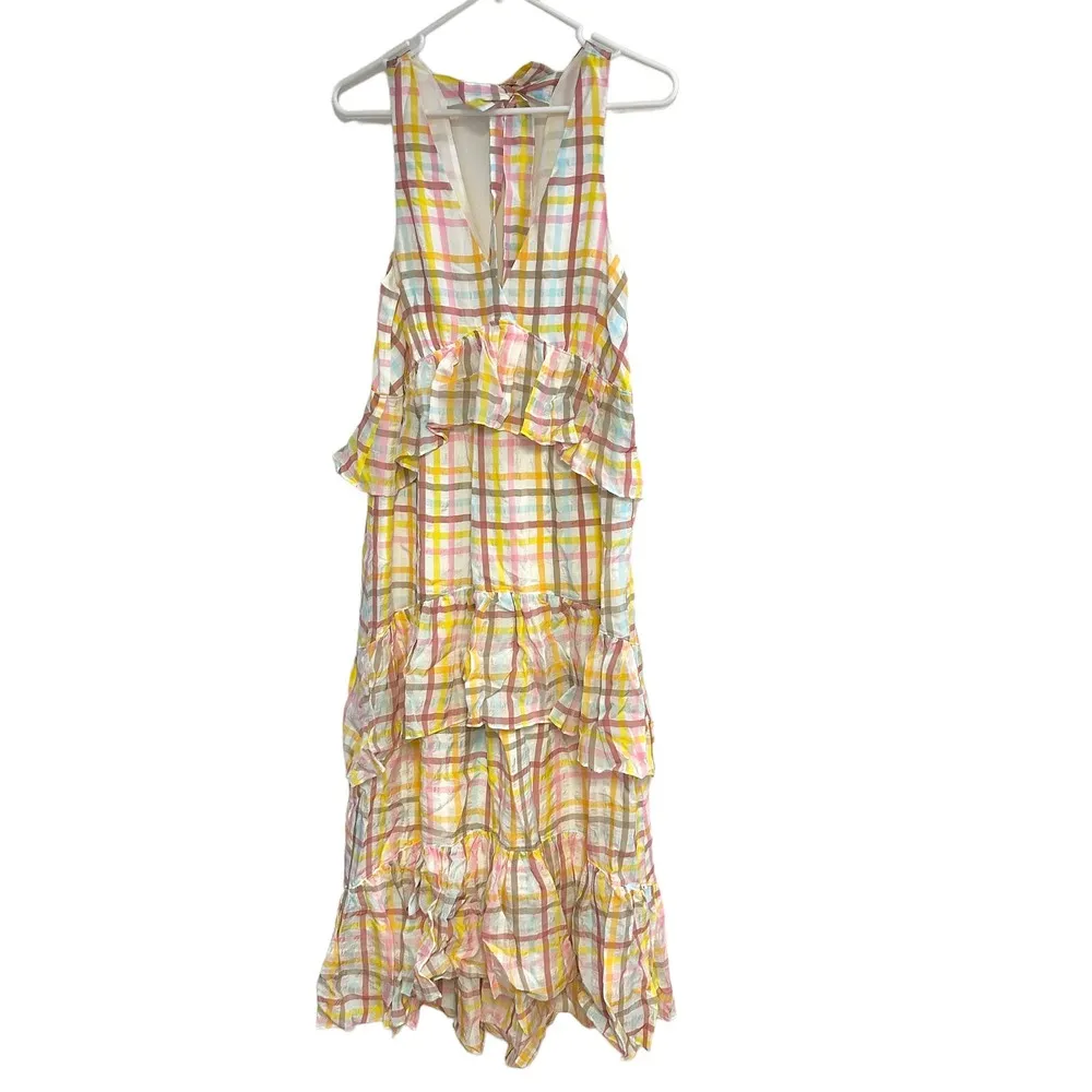 NEW Cinq à Sept Astor Sleeveless Tiered Midi Dress White Pastel Plaid - Image 3