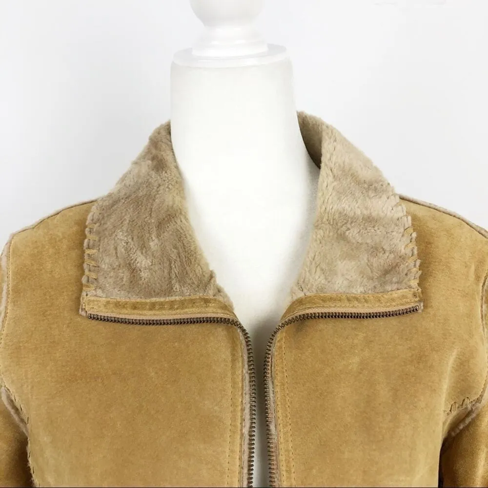 VTG Guess Shearling 100% Leather Patchwork Tan Full zip Jacket Size Small - Image 3