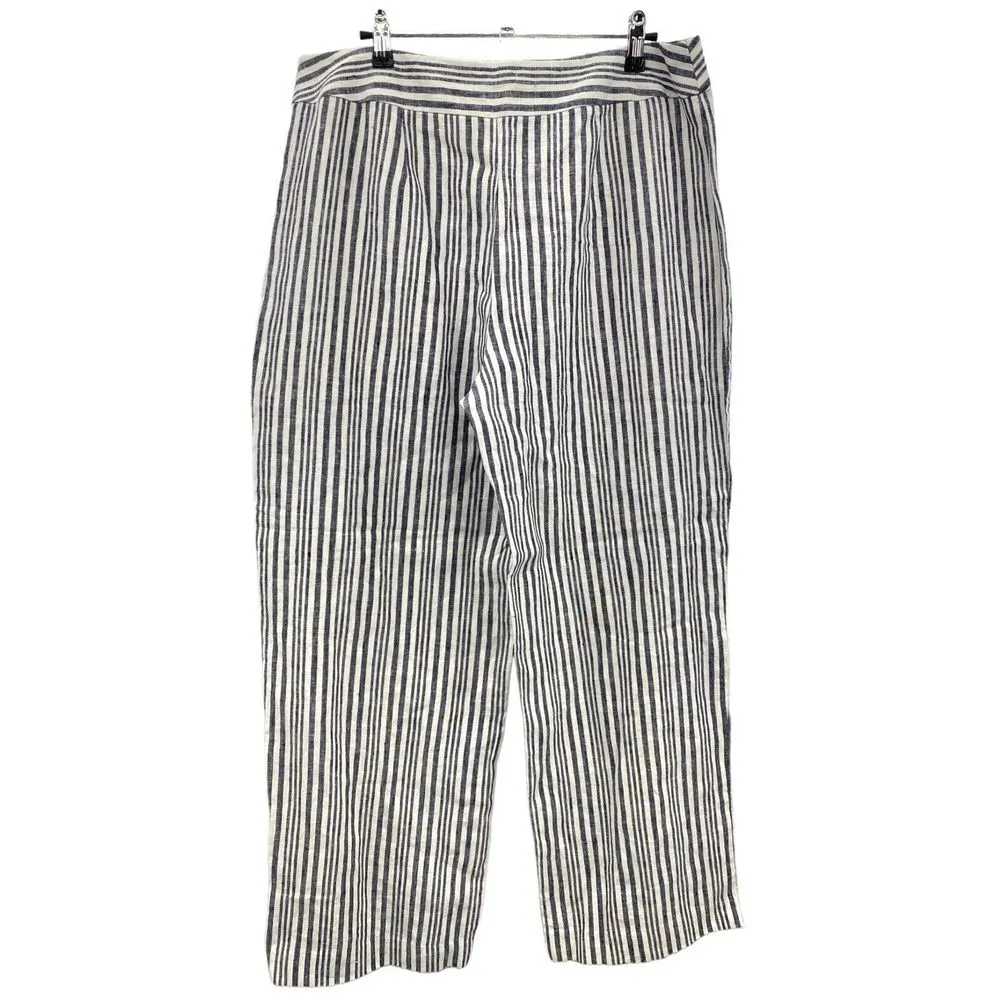 Carole Little‎ 100% Linen Pants Womens 12 Navy White Striped Wide Leg Boho Zip - Image 3
