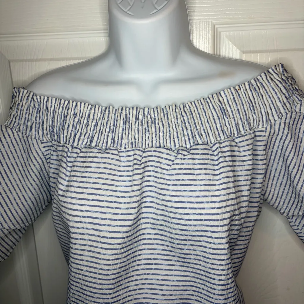 Romeo & Juliet Couture Blue White Seersucker Ruffle Tier Off Shoulder Dress L - Image 6