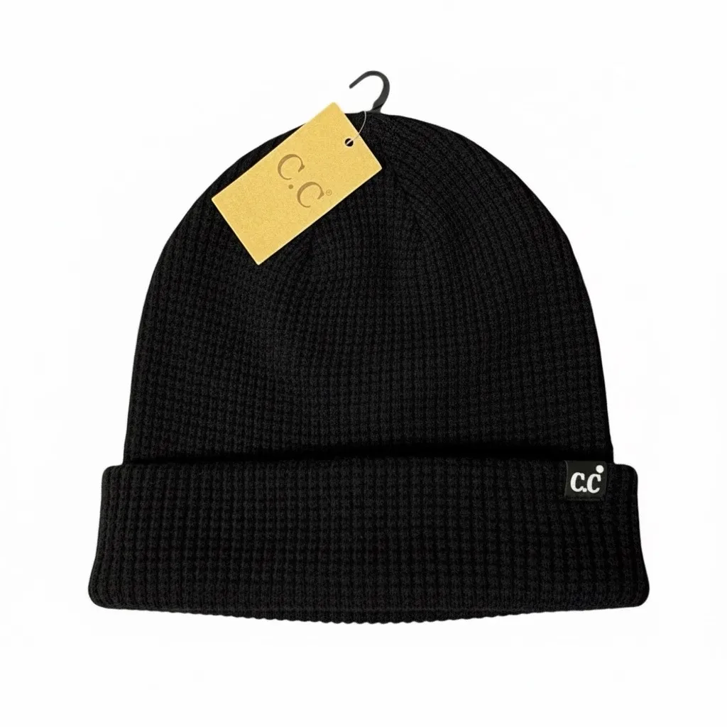 NWT C.C Waffle Knit Beanie Unisex OS Black Ribbed Foldover Streetwear Urban Cozy - Image 2