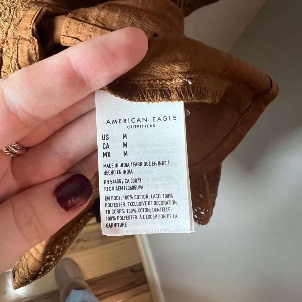American Eagle NEW Brown Tiered Lace Embroidery Mini Dress Boho Cottagecore Sz M - Image 5