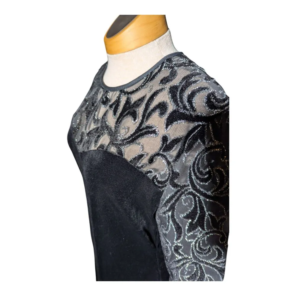 Vtg 1990s California Looks Black Velvet Sheer Damask Sleeve Mini Dress Sz 12 - Image 4