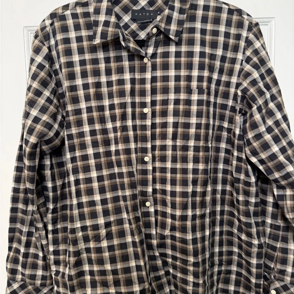 Hatch Maternity Plaid Button Down Shirt Black & Brown Check Cotton Size 3 Large - Image 2