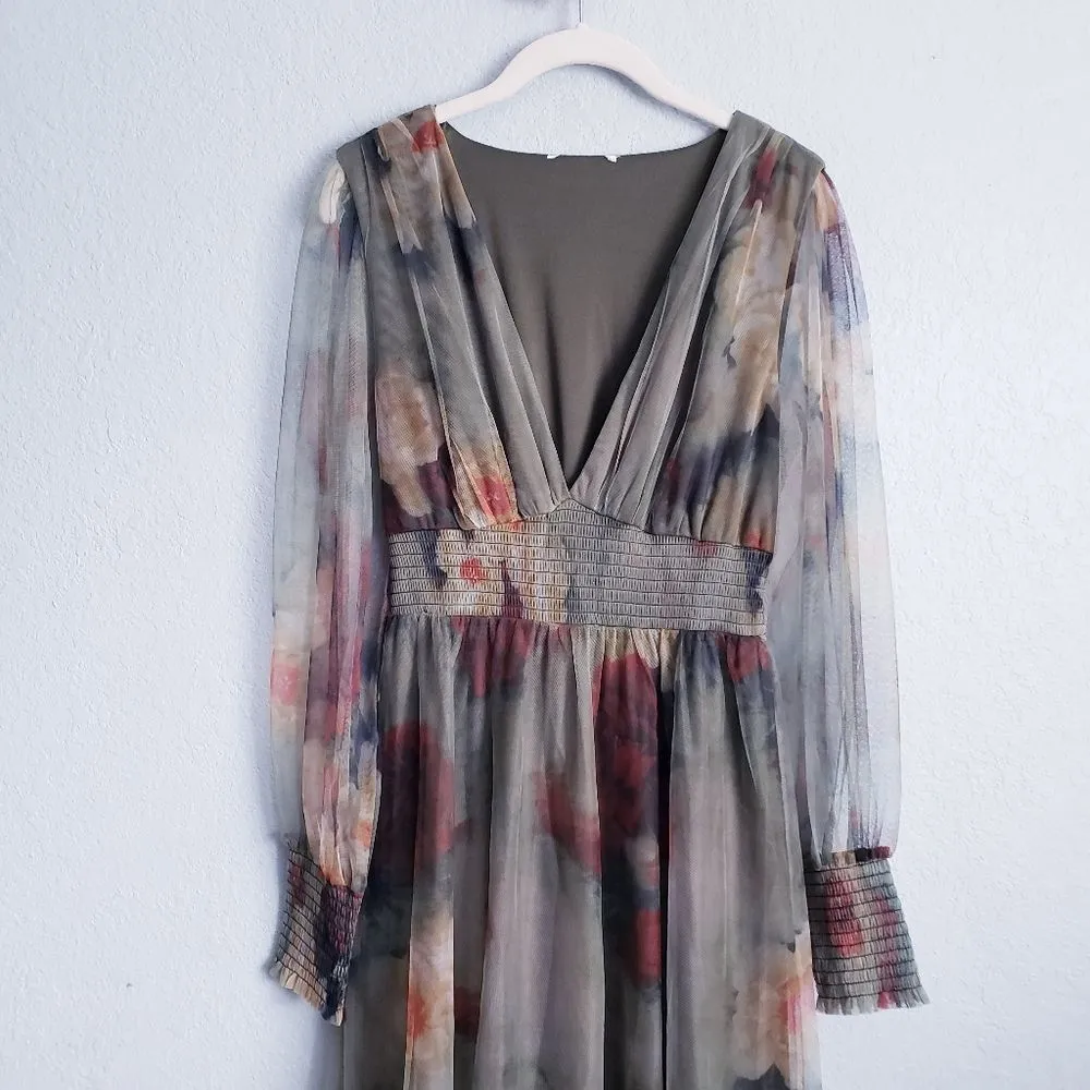 Baltic Born Layla Olive And Rust Floral Long Sleeve Tulle Maxi Dress - Image 4