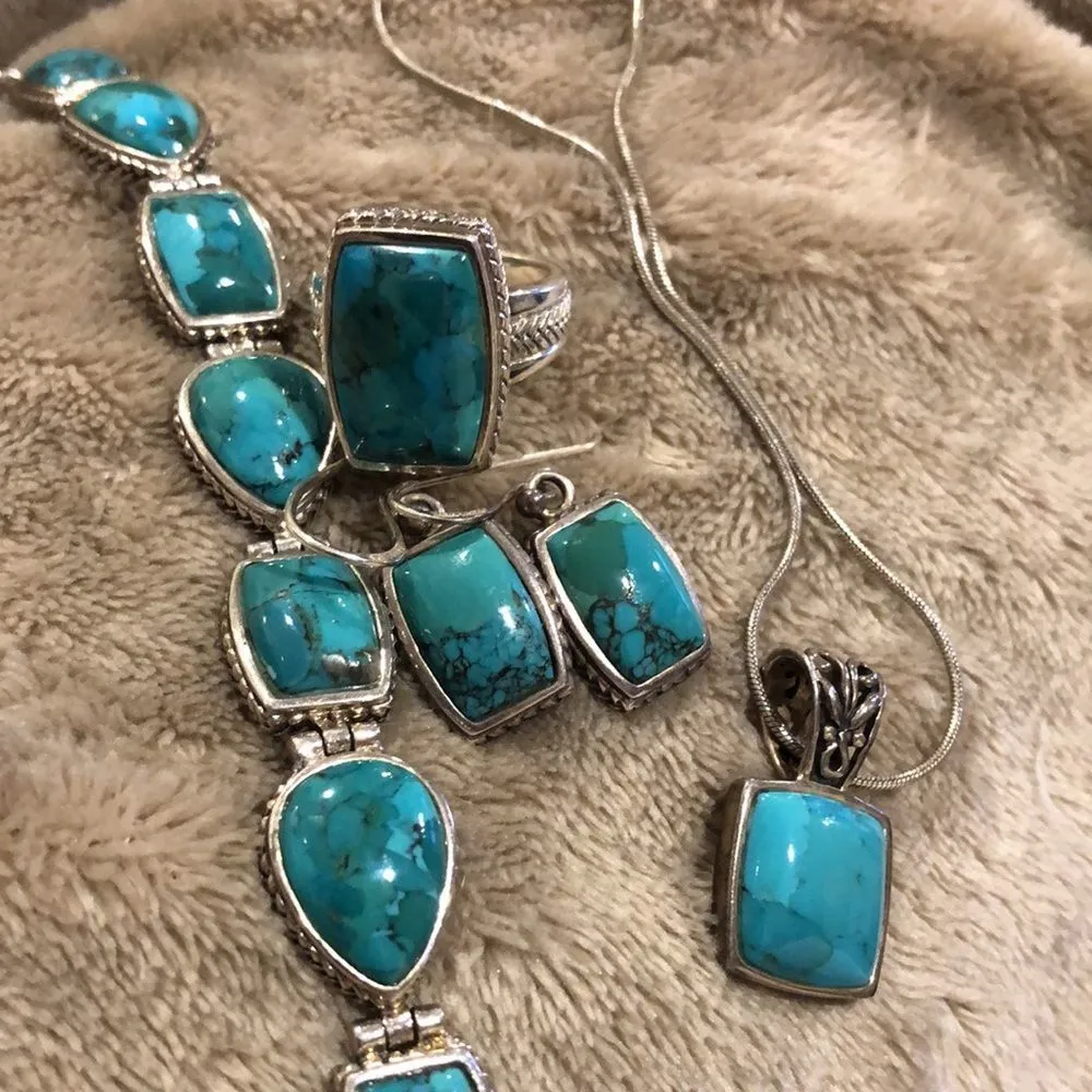 Barse Turquoise Sterling Silver Necklace Earrings Bracelet Ring Rope Accent Set - Image 2