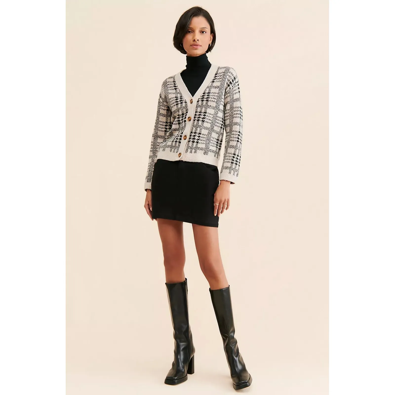 Theo & Spence Plaid Grandpa Cardigan Knit Sweater Women's Beige Black Size Large Tan - Image 2
