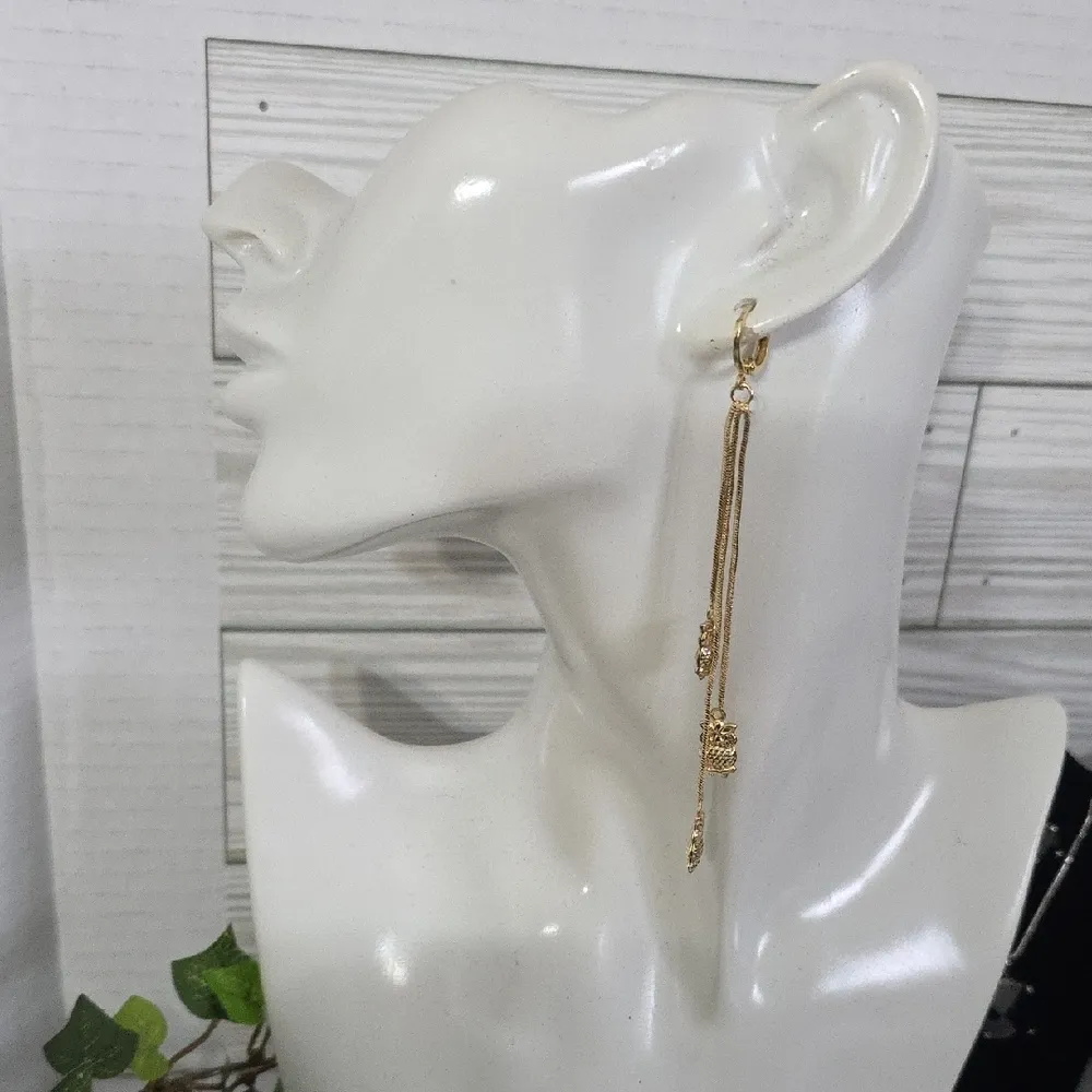 Gold Filled Huggie Hoop Earrings Dangle Owl Charms - Image 8