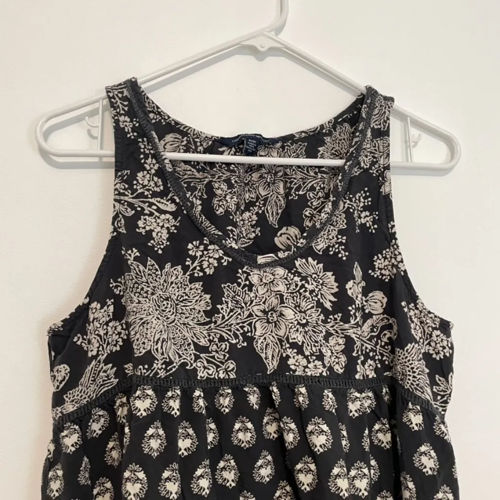 AMERICAN EAGLE Dark Gray Off White Floral Mixed Print Tiered Boho Tank Blouse M - Image 3