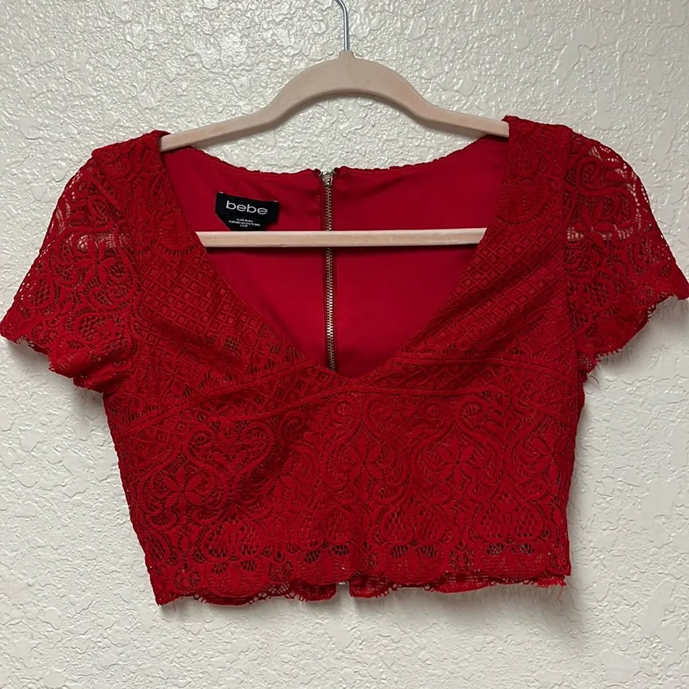 BEBE 2 PC Red Barbados Cherry Lace Skirt & Top Size XS - Image 5
