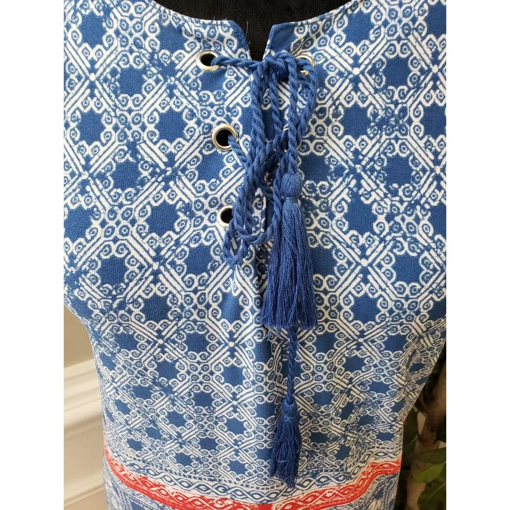 Ruby Rd. Shift Dress Womens 1X Blue Patterned Round Neck Sleeveless Tie Front - Image 9