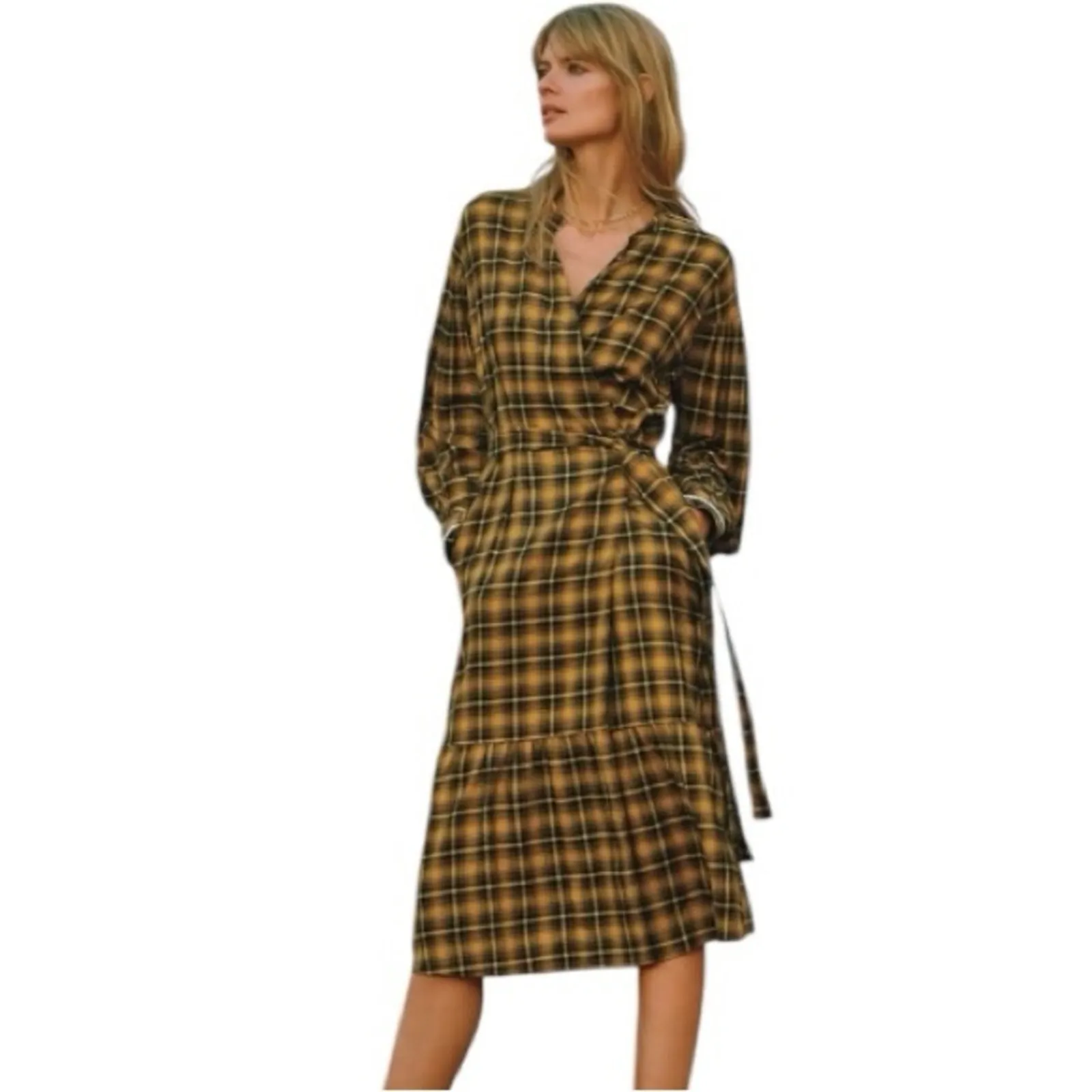 Anthropologie Dalton Yellow Plaid Wrap Maxi Dress XS Boho Prairie Western - Image 4