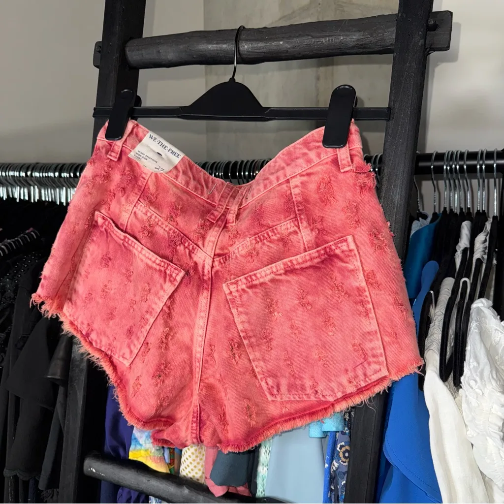 New We The Free Mixed Emotions Dragonfruit Sorbet Distressed Hi-Lo Denim Shorts - Image 7