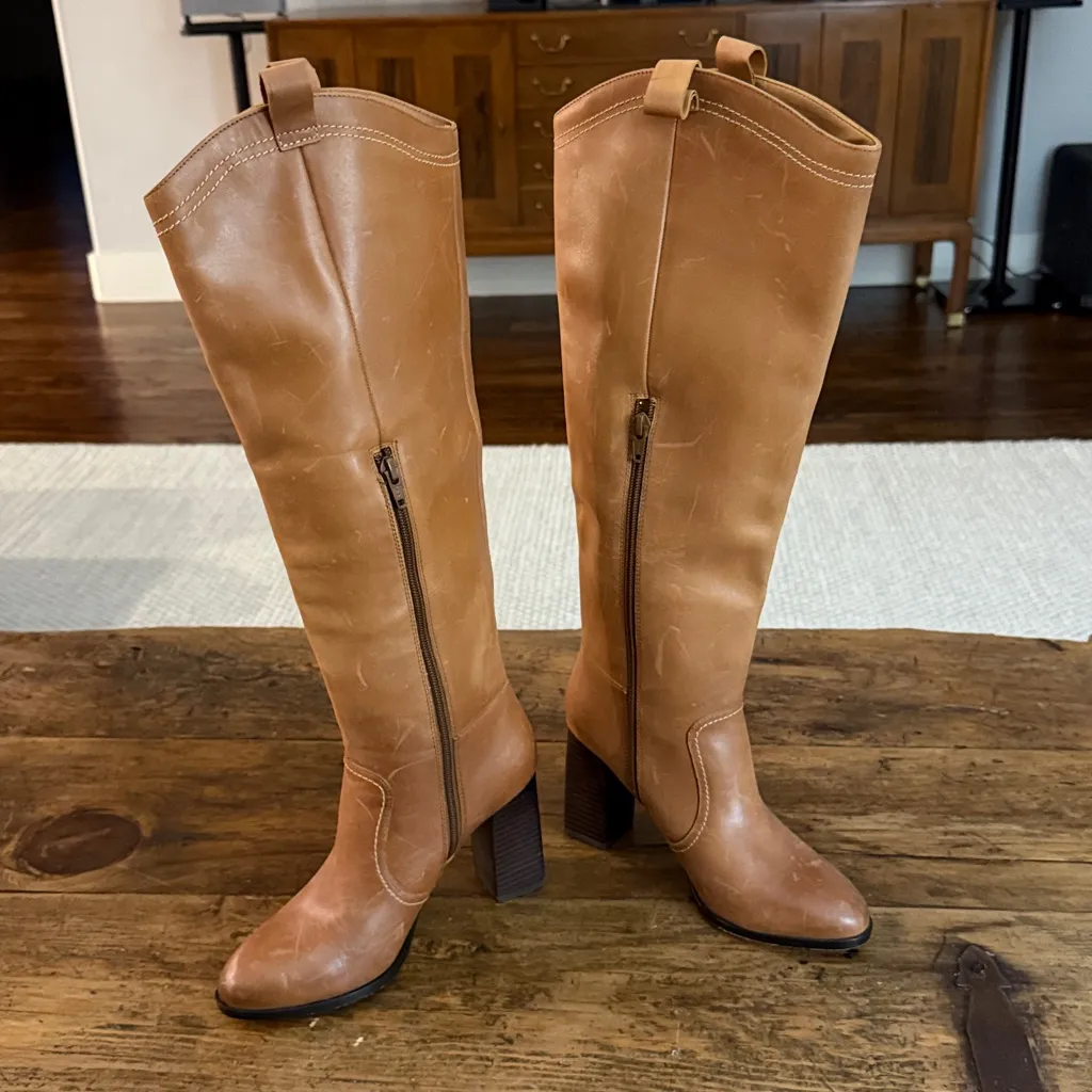 Deltan Tan Leather Western 3" Heeled Pull On Tall Boots Size 6 - Image 6