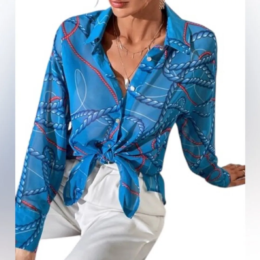 ZARA  Blue Nautical Rope Oversized Button Down Collared Blouse Size Medium - Image 3