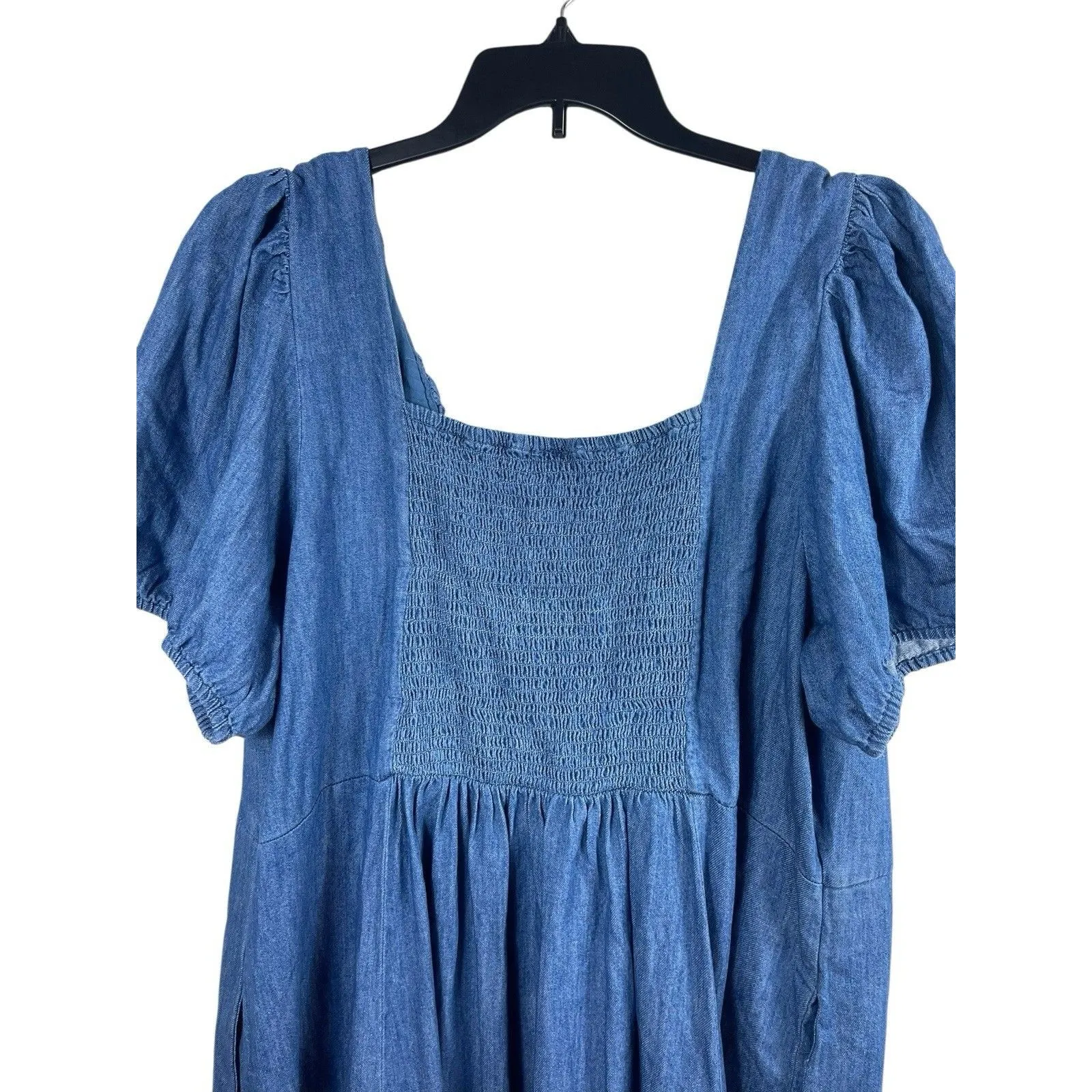 Old Navy 3X Blue Denim Midi Dress Puff Sleeve Empire Waist Smocked Back Coquette - Image 7
