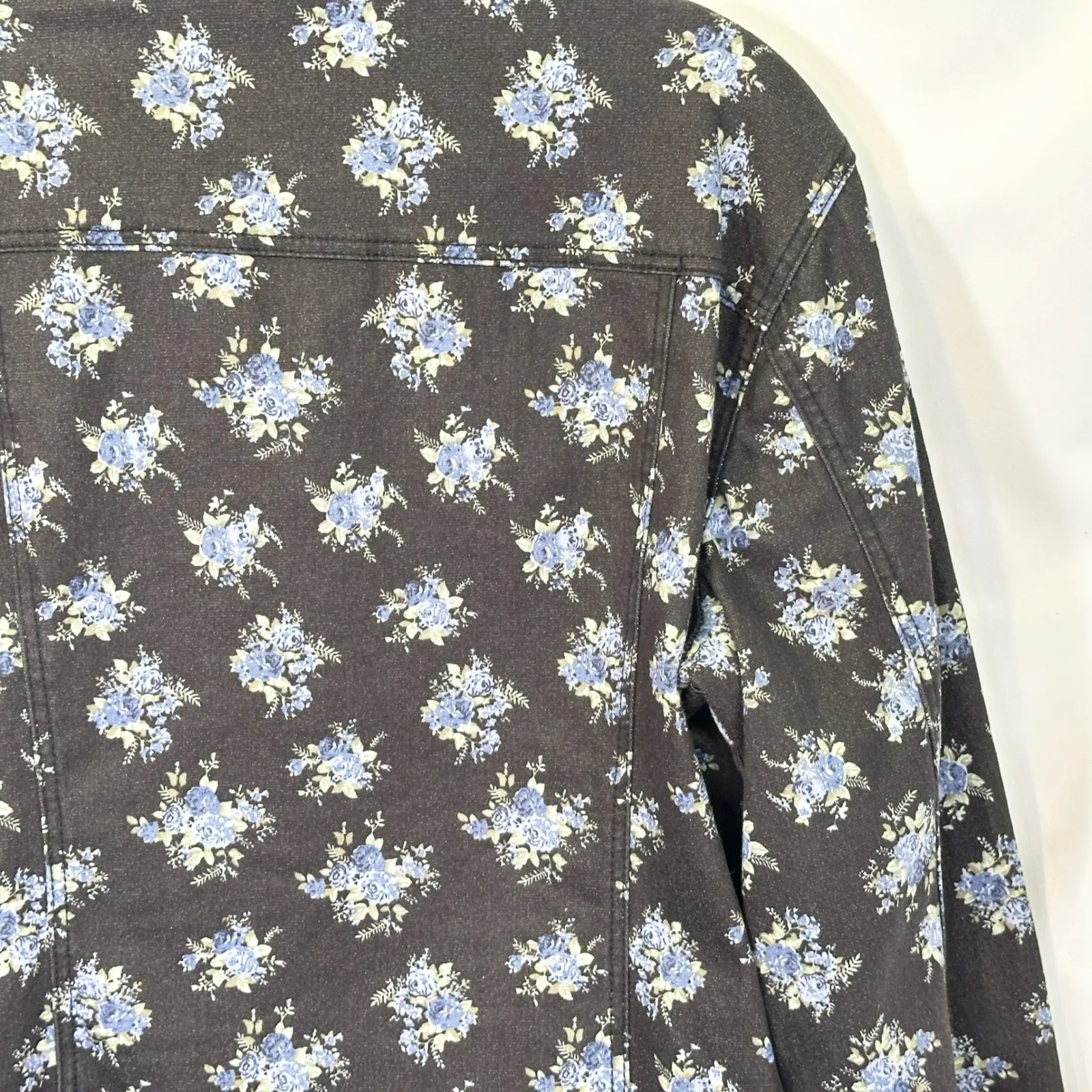 DG2 Diane Gilman‎ Large Denim Jacket Ditsy Floral Jean Jacket Blue Black 1279 - Image 9