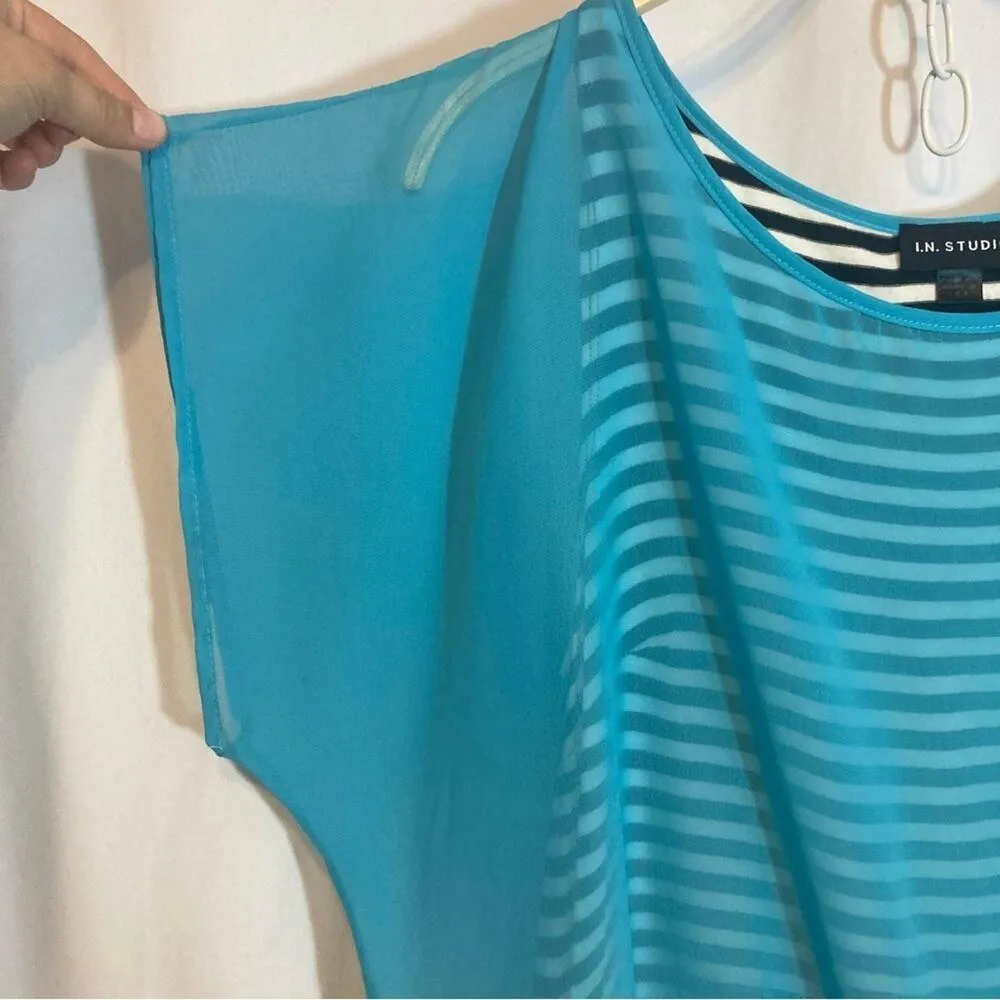 I.N. Studio Layered Sheer Turquoise Blue Blouse Black and White Stripe Tank Top Size M - Image 4
