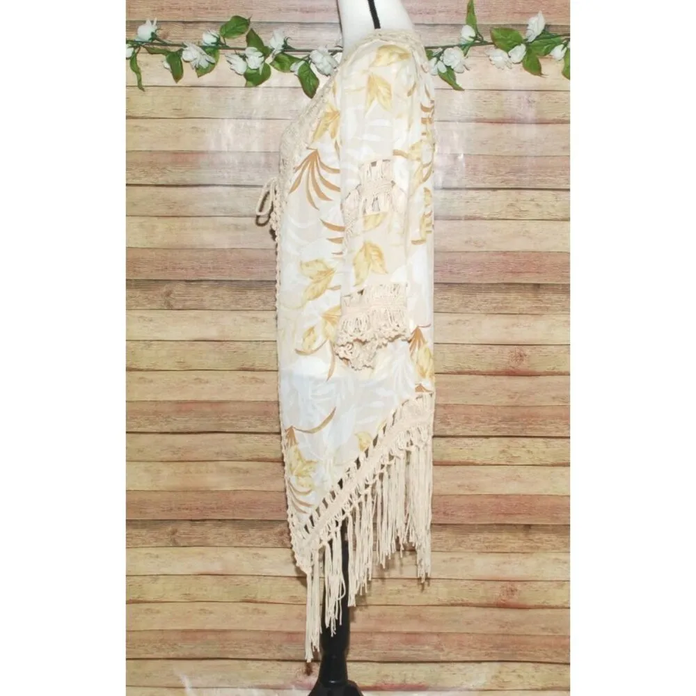 Kontrol Cream Cover Up Cardigan Size L Crochet Trim & Fringe Palm Print Beach - Image 6