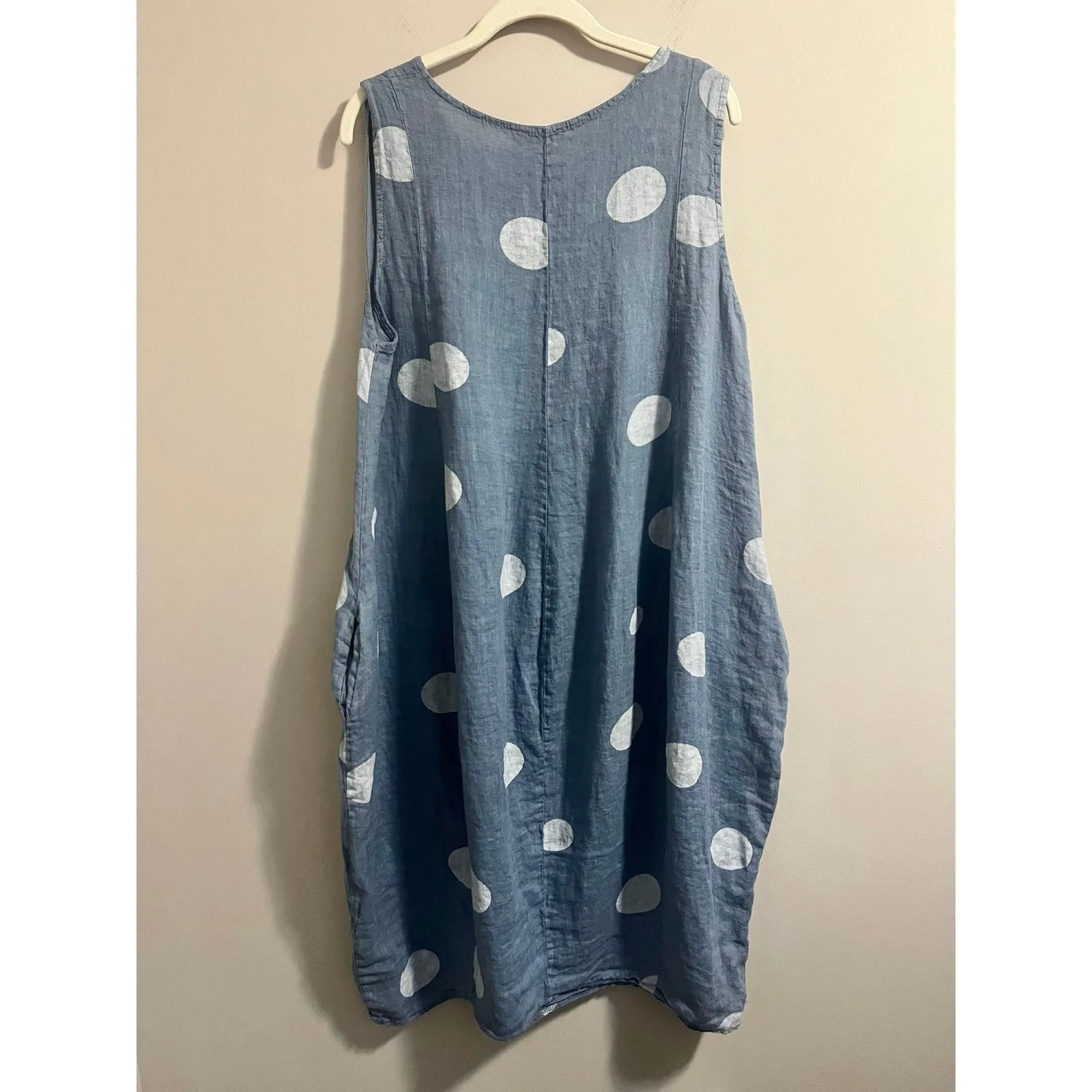 Me & Gee Dots Tank Dress in Blue wi/White Large Polka Dots 100% Linen Women's L - Image 3