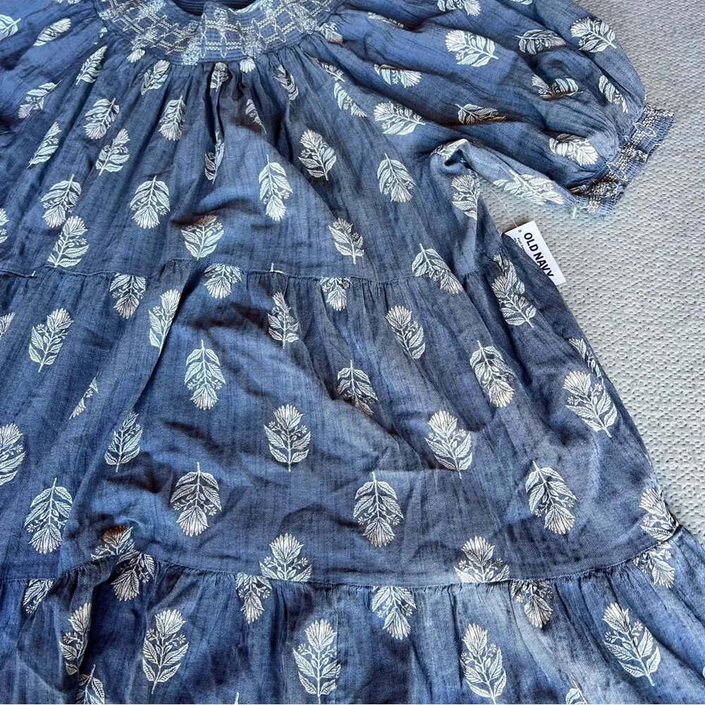 Old Navy Blue Peasant Boho Feather Print A-Line Dress Pockets Cotton Blend XXL - Image 2