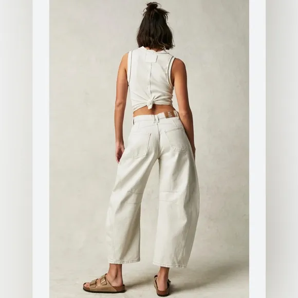 We The Free  x Free People Mid Rise Barrel Pants Denim  White Jeans | Size 27 - Image 2