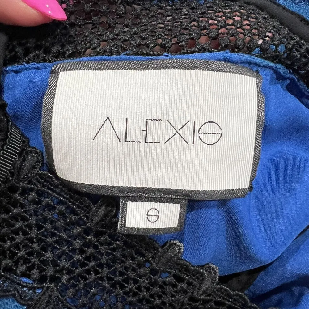 Alexis Size S Julianna Dress Blue Black Lace Halter Midi Bodycon High Neck Gown - Image 4