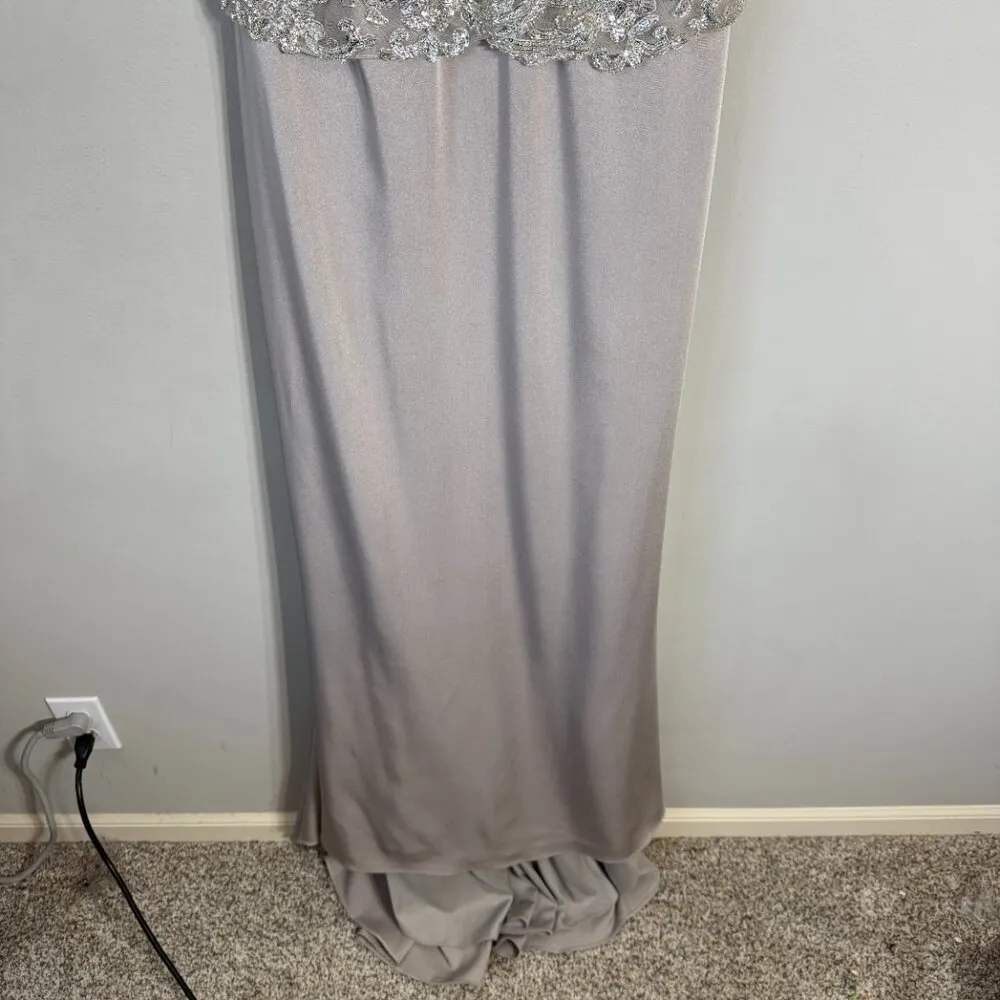 NWOT Montage by Mon Cheri Strapless Beaded Satin Gown Womens 12 Champage Sheer Silver - Image 7