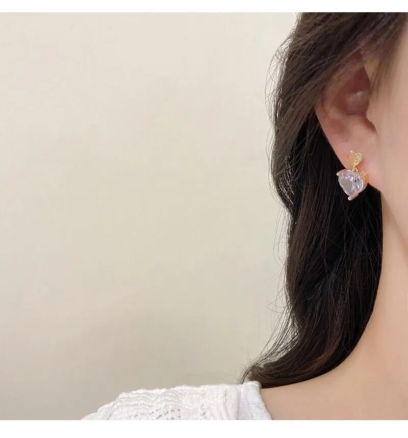 Women's Crystal Love Heart Stud Earrings White - Image 5