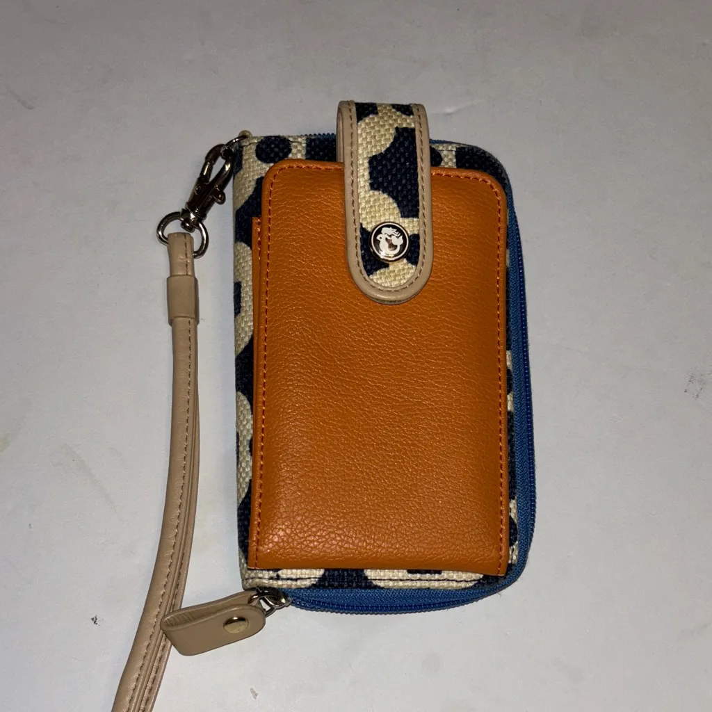 SPARTINA WALLET BLUE AND CREAM TAN LEATHER WRISTLET STRAP SMALL PHONE HOLDER - Image 2