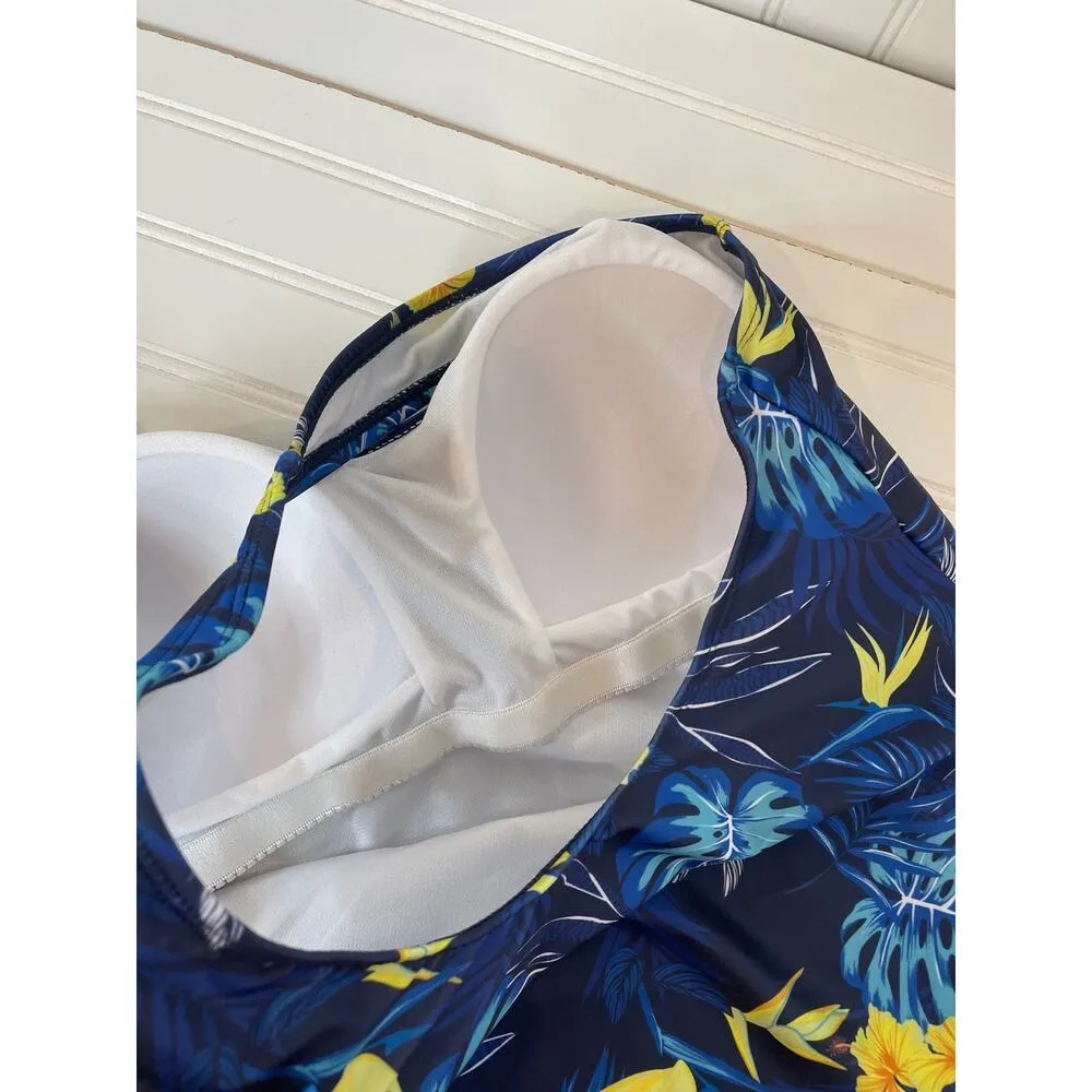 NWT Nicole Miller Womens Swimsuit Blue Floral One Piece 1-PC Racerback Size 2X - Image 7