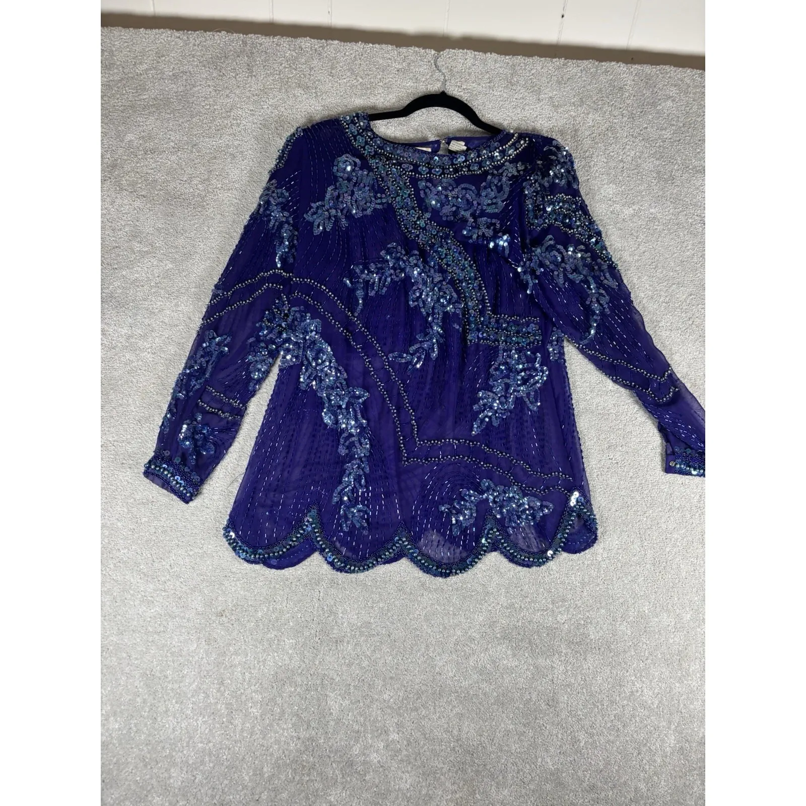 carlei lei sheer hand‎ beaded vintage blouses scallop hem purple size 10 - Image 4