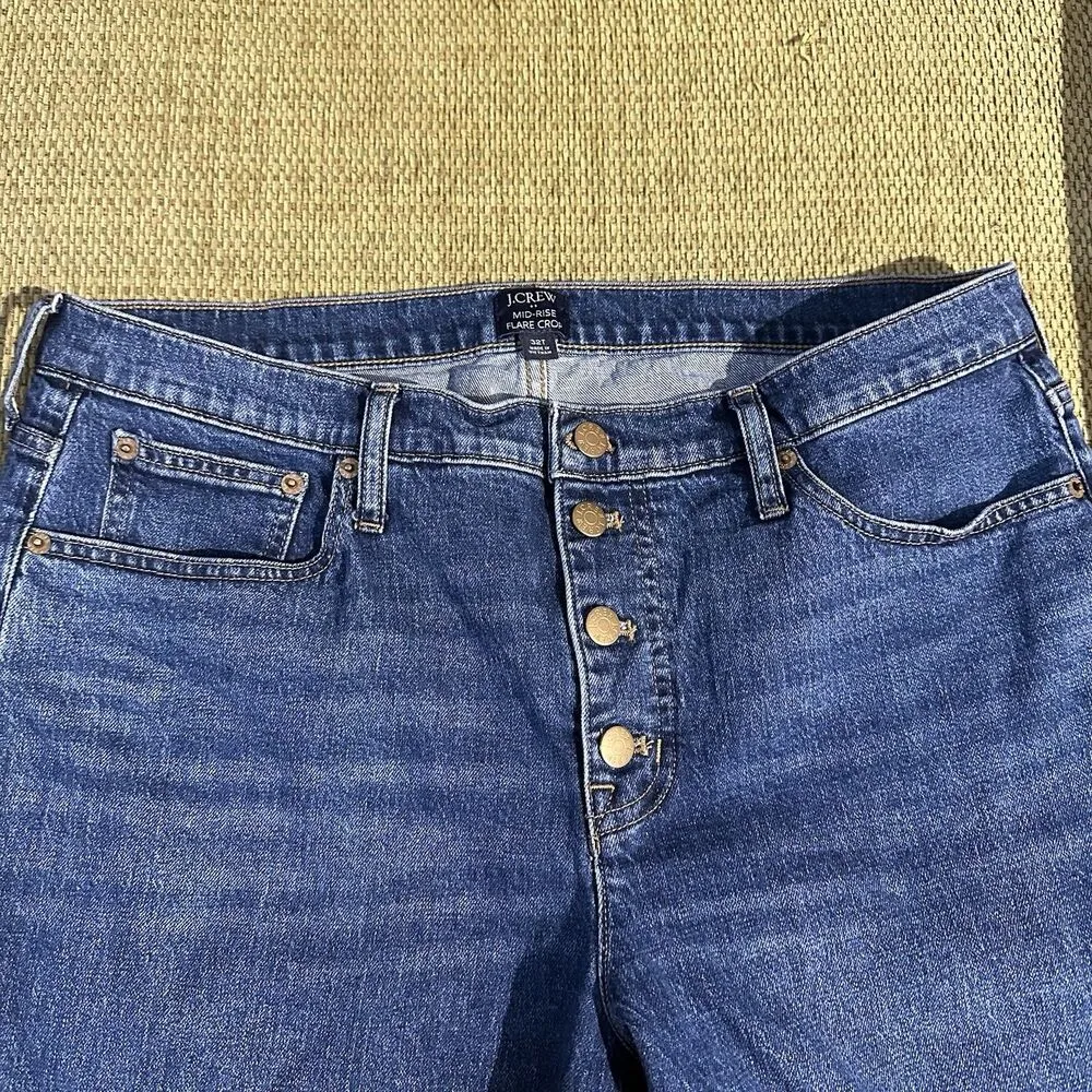 J Crew Mid Rise Flare Crop Jeans Button Fly Pockets Blue Denim Women’s Size 32T - Image 2