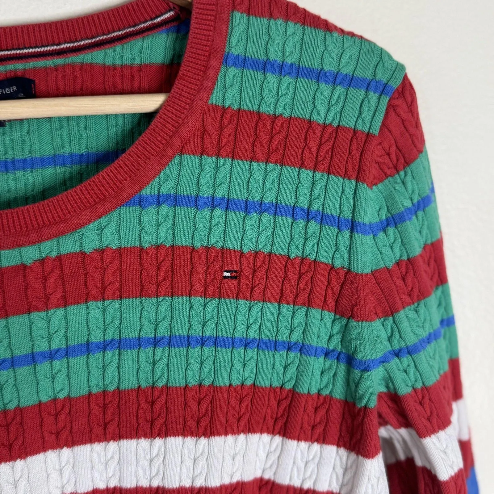 Tommy Hilfiger  Sweater Womens Large Multicolor Striped Cable Knit Pullover Crew - Image 2