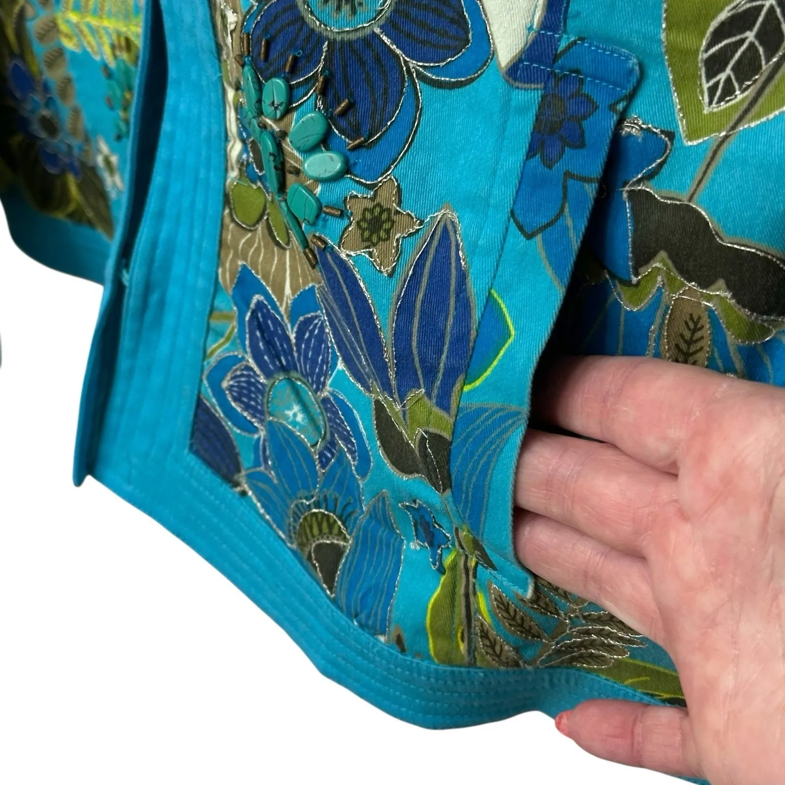 Chicos Jacket‎ Beads Metallic Thread Blue Floral Pockets Lined WOMENS SIZE 1 M - Image 4