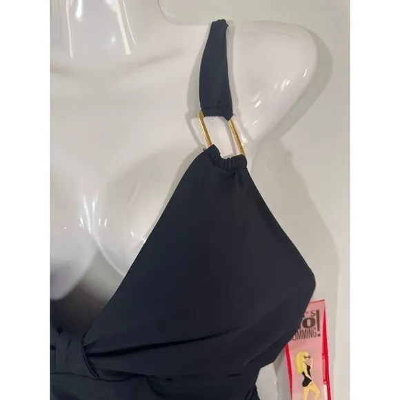 Black Swim Dress Cover Up Gold Accent Detail Swimsuit Beach Resort Wear - Image 3