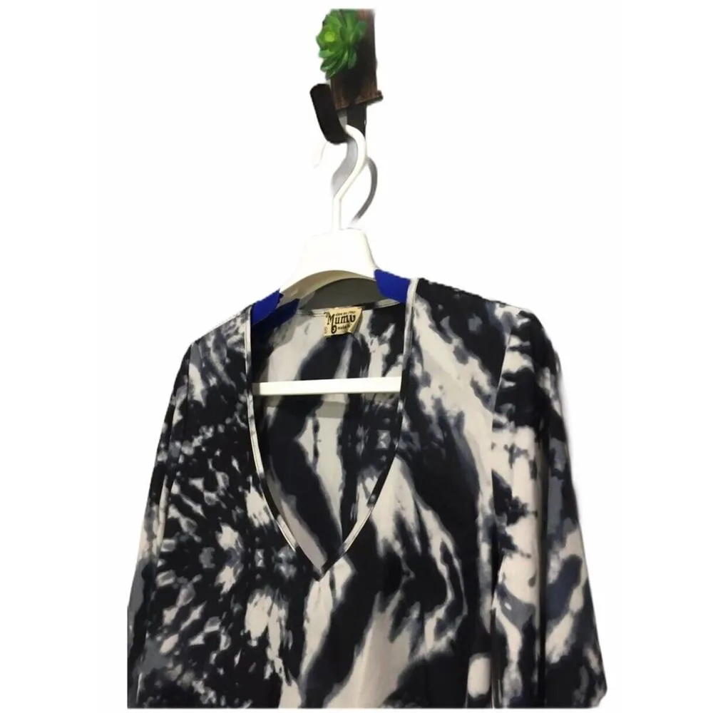 SHOW ME YOUR MUMU Size Small Tie Dye Black White Bell Sleeves V-Neck Tunic Top - Image 4