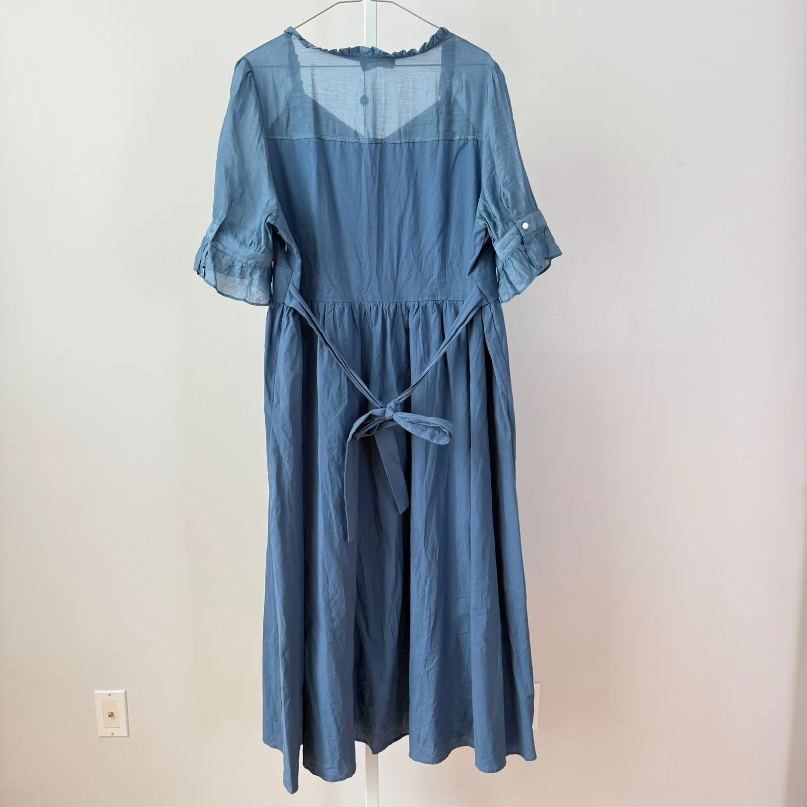 Scarlet Darkness Blue Button Front Midi Dress Tie Waist Sheer Sleeve Women's 2XL Size undefined - Image 8